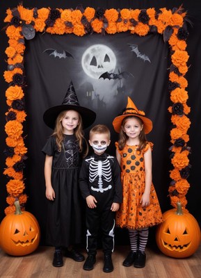 Children dressed in halloween costumes with pumpkins