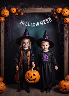 Two children celebrate halloween with smiles and pumpkins