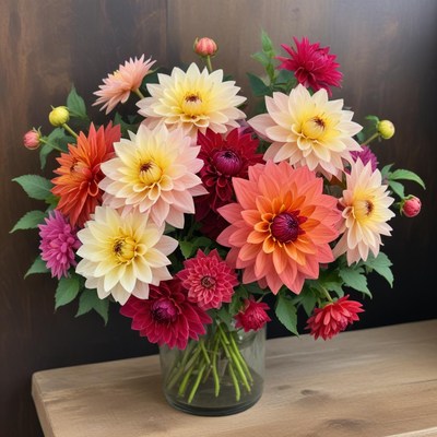 Bright and colorful dahlia flowers in a clear vase