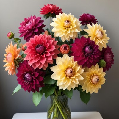 Bright dahlia flowers arranged in a clear vase