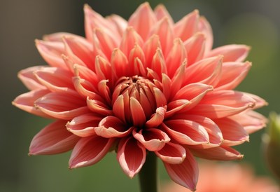 Blooming pink dahlia flower in soft sunlight