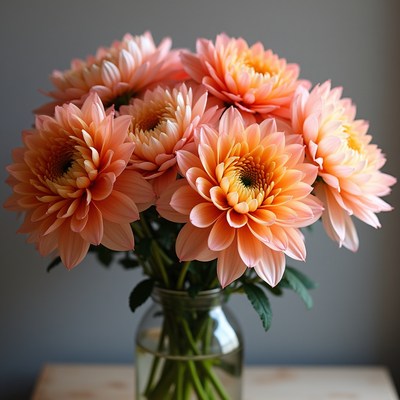 Beautiful peach flowers arranged in a clear glass vase