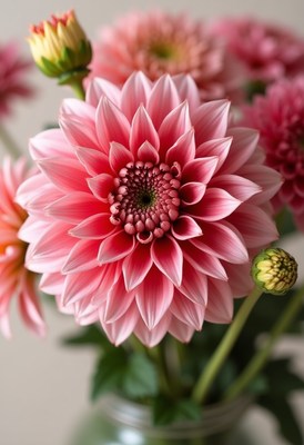 Pink dahlias in a glass vase brighten up the room