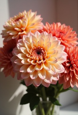 Vibrant dahlia flowers in a sunny indoor setting