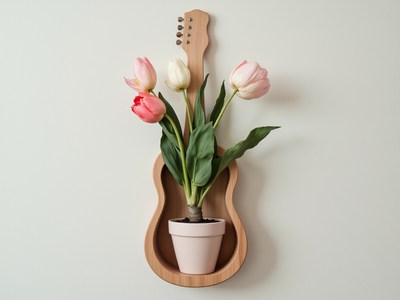 Guitar-shaped planter with tulips against a wall