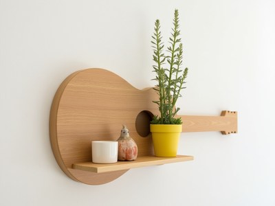 Wooden guitar shelf with plant and decorative items