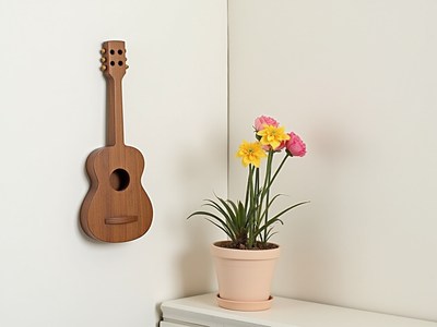 Wooden guitar and potted flowers in a cozy corner