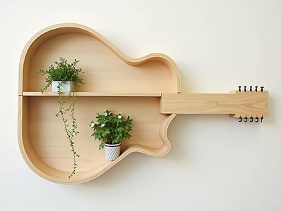 Unique wooden shelf shaped like a guitar for plants
