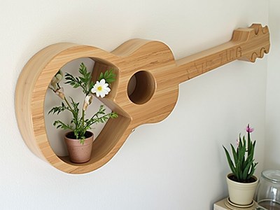 Unique wooden guitar shelf with plants accents design