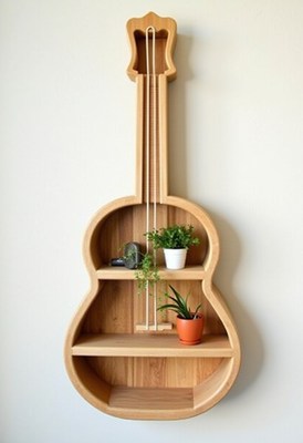 Wooden guitar-shaped shelf with plants for decoration