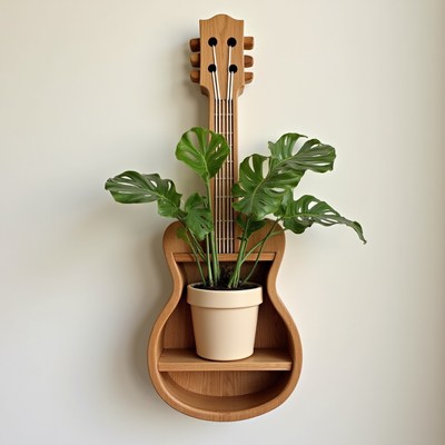 Unique wall decor featuring a guitar shelf and plant