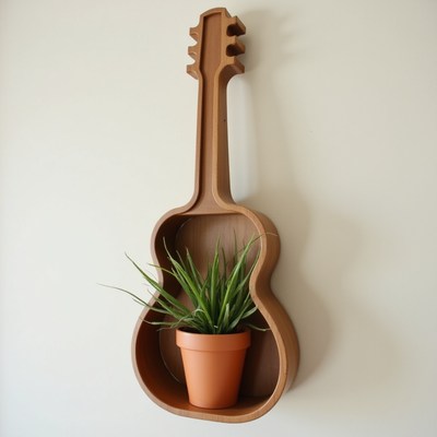 Unique guitar-shaped shelf with plant decoration