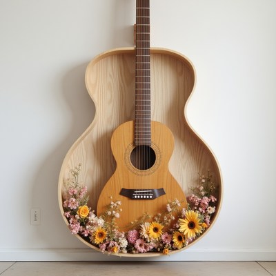 Guitar display with colorful flowers in cozy setting