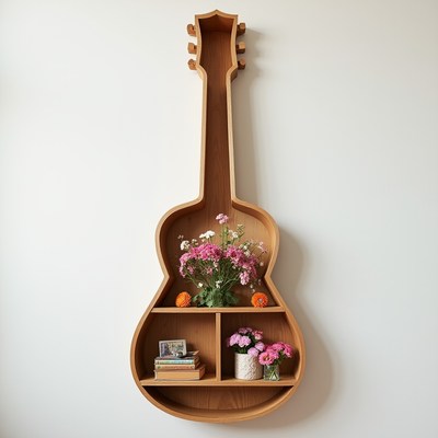 Unique wooden guitar shelf with flowers and books