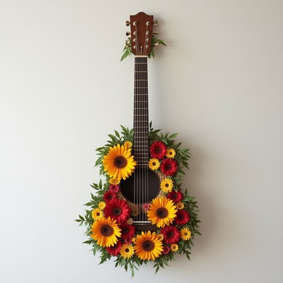 Guitar decorated with colorful flowers on plain wall