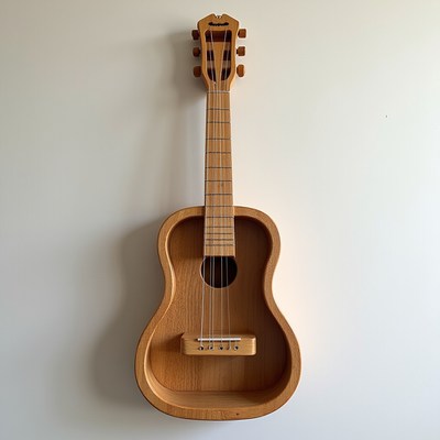 Wooden guitar displayed on a wall