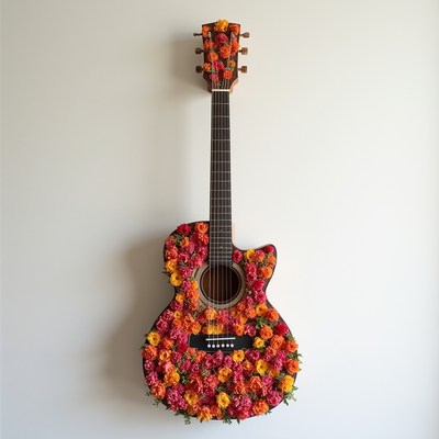Colorful guitar decorated with flowers on white wall