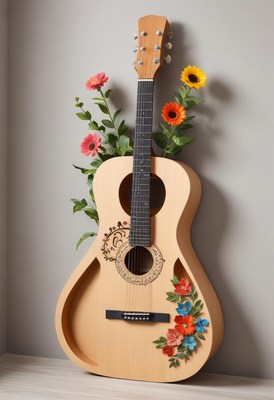 Beautifully decorated guitar with flowers in a cozy setting