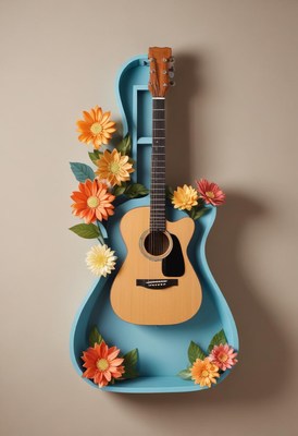 Colorful guitar decor with flowers on a wall