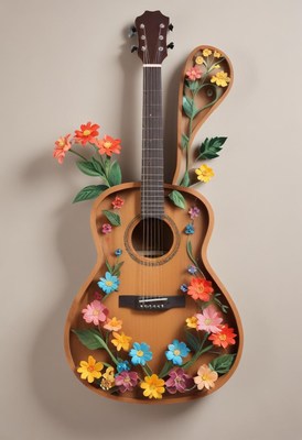 Guitar adorned with colorful flowers and leaves