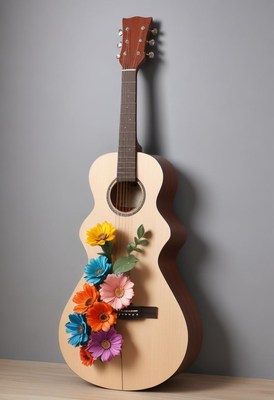 Colorful flowers decorate a guitar on a simple backdrop