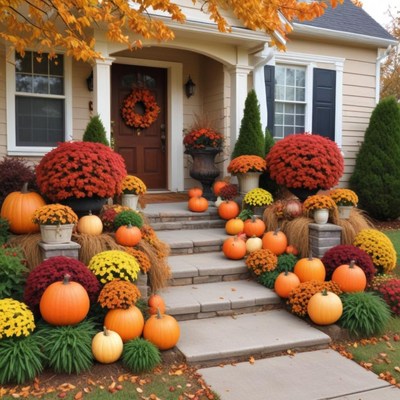 Beautiful autumn decoration at a cozy home entrance