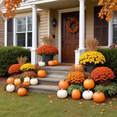 Beautiful fall porch decorated with pumpkins and flowers