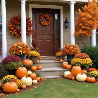 Beautiful fall decorations on a cozy front porch