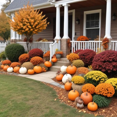 Colorful fall garden with pumpkins and chrysanthemums