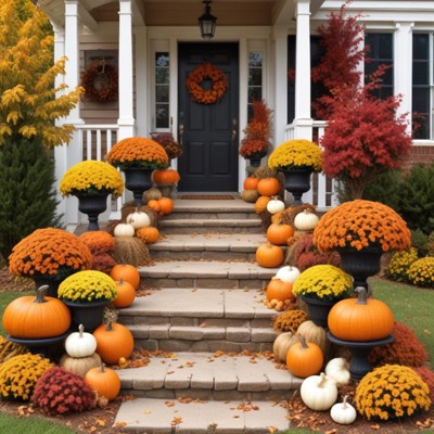 Fall decorations brighten up a charming entrance