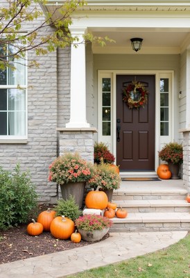 Home entrance decorated with pumpkins for fall season