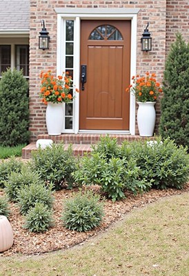 Charming home entrance with vibrant flowers and greenery