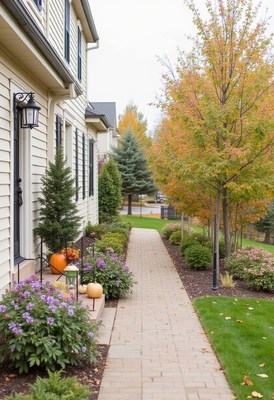 Charming autumn path with plants and pumpkins