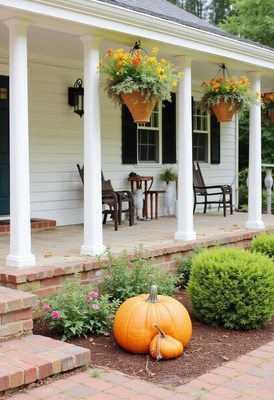 Cozy porch with vibrant flowers and autumn pumpkins