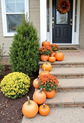 Beautiful fall decoration with pumpkins and flowers