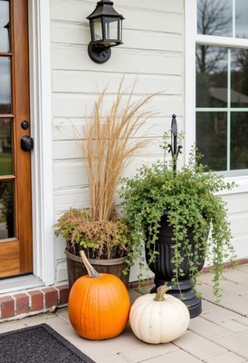 Fall decor with pumpkins and plants at front door