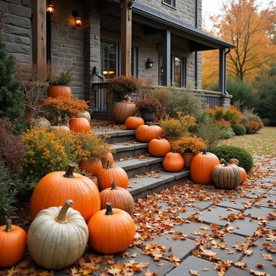 Fall decorations with pumpkins and autumn leaves at home