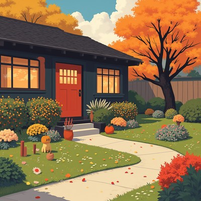 Cozy autumn house with vibrant garden and orange trees