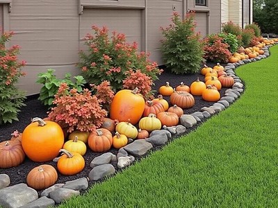 Fall garden with colorful pumpkins and plants