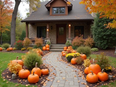 Fall garden with pumpkins and vibrant leaves