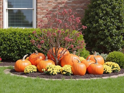 Colorful fall garden with pumpkins and flowers