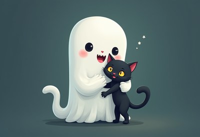 Ghost and black cat enjoying a playful moment together
