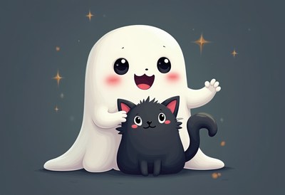 Friendly ghost and cat share a joyful moment together