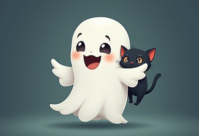 Cute ghost and black cat delight in friendly moment