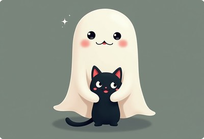 Friendly ghost hugs a cute black cat in playful scene