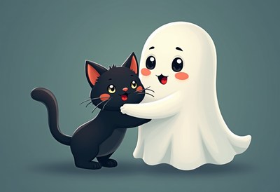 Cute cat and ghost sharing a fun moment together