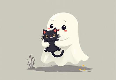Cute ghost carries black cat in a playful scene