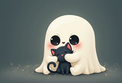 Cute ghost cuddling with a black cat in cozy setting