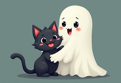 Cute black cat and friendly ghost share a fun moment
