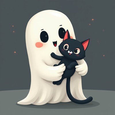 Cute ghost plays with a black cat in a cozy scene